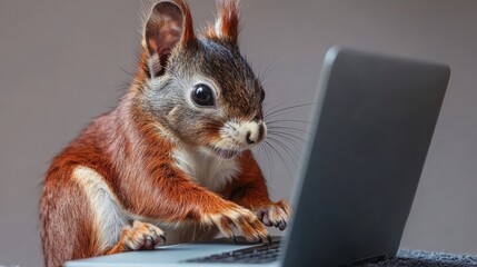 The animal sits and works on a laptop