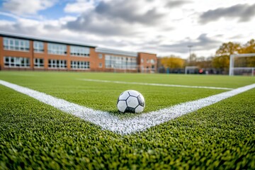 Obraz premium Modern School Soccer Field with Green Artificial Turf Soccer Ball on a Well-Maintained Sports Ground Football Field in a School Campus with Blue Sky Artificial Turf Soccer Field with White Markings 