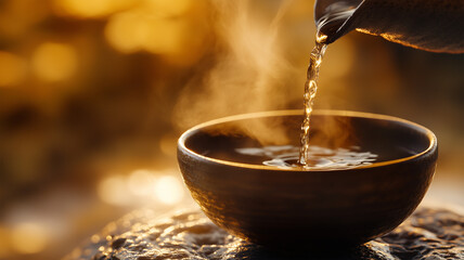 燗酒をお猪口に注ぐ – 湯気立つ至福の一杯