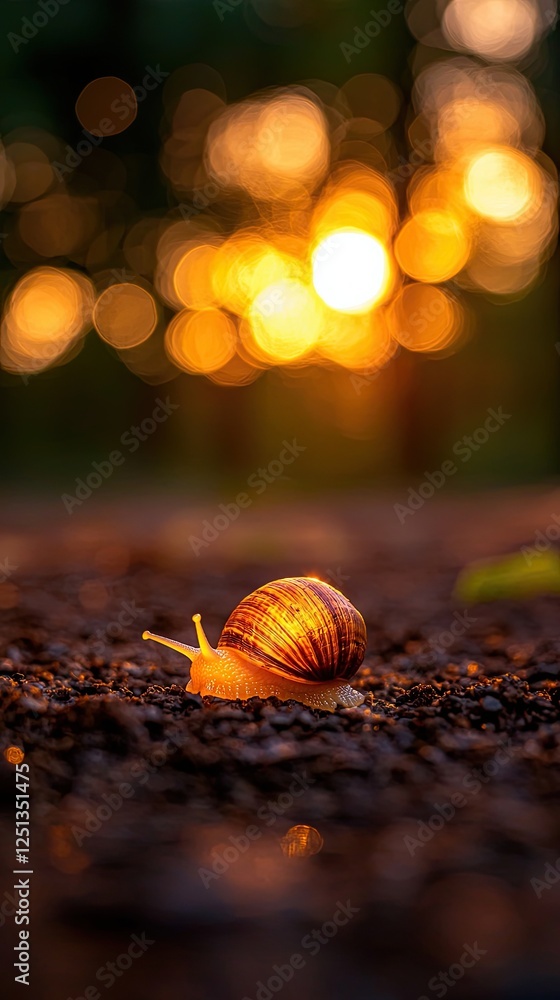 Poster gastropod slime journey close-up of a snail crawling on the ground during sunset with blurred bokeh 