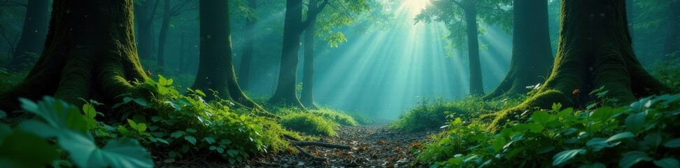 Obraz premium Misty forest floor with lush greenery and twinkling lights , ambient, forest, nature