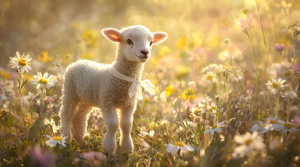 Obraz premium Lamb stands among flowers in a sunny meadow, white fur, white ribbon, surrounded by natural beauty, a heartwarming spring scene