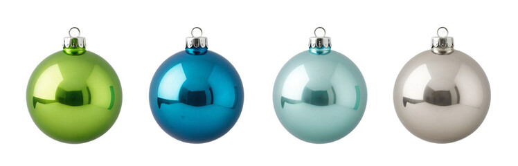 Four distinct Christmas ornaments, each with a shiny, reflective surface and a silver or metallic finish, are arranged in a straight line against a white background