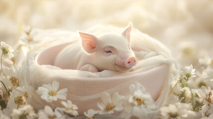 A dreamy portrait of a micro piglet, bathed in soft light, resting peacefully in a delicate arrangement of blossoms.