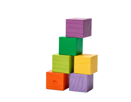 A pyramid of colorful wooden blocks, each with a unique color, is meticulously arranged against a white background, creating a visually appealing and engaging scene