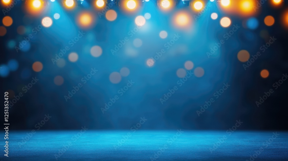 Poster abstract stage with a blue floor and bokeh lights, creating a festive and inviting atmosphere.