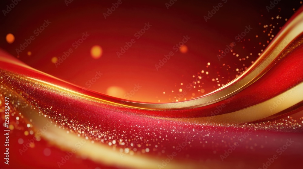 Poster abstract composition featuring a dynamic interplay of red and gold, creating a luxurious and elegant