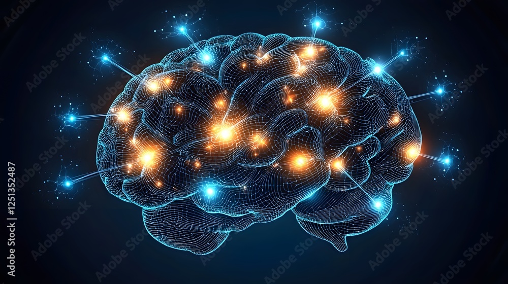 Poster glowing neural pathways of an advanced intelligence brain transmitting and processing complex digita