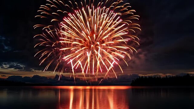 Canada day celebration with fireworks and maple leaf over scenic lake landscape at sunset