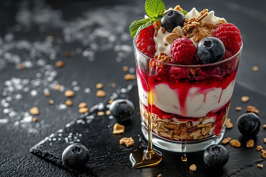 Delicious greek yogurt parfait with berries, perfect for low-carb diet recipes and weight loss. Concept features low-carb diet recipes for healthy, satisfying meals.