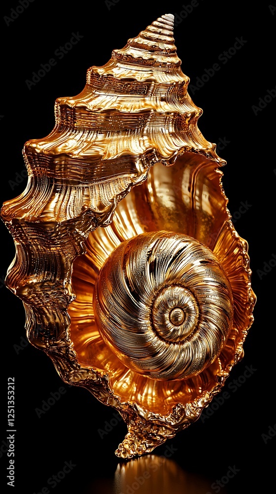 Poster gastropod creatures behavior ornate golden shell with intricate patterns and shiny surface on black 