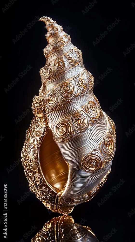 Poster gastropod creatures behavior ornate golden seashell artwork with intricate swirls displayed on refle