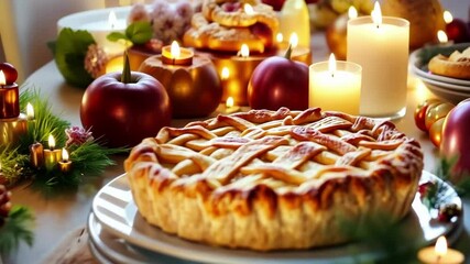 Festive holiday table with apple pie and candles in warm glow Apple Gifting Day