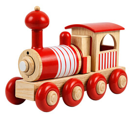 A wooden toy train with a red and white striped cab and red wheels, featuring a red smokestack and red bell, is displayed against a white background, ready for a child to embark on a journey