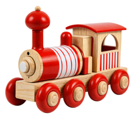 A wooden toy train with a red and white striped cab and red wheels, featuring a red smokestack and red bell, is displayed against a white background, ready for a child to embark on a journey