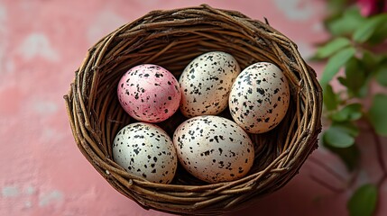 A holiday motif a wicker bowl with patterned quail eggs on a light pink stucco background.