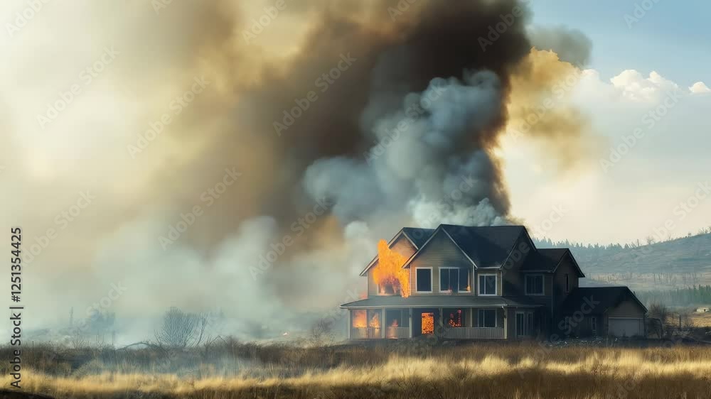 Poster large house burning in wildfire with flames and smoke billowing into sky, devastating scene of destr