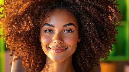 Smiling african woman with curly hair in yellow shirt in vibrant room. The concept of health, beauty, self-care, skin care