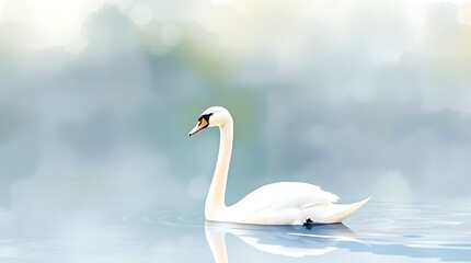 Fototapeta premium Serene white swan gracefully gliding on calm water, reflected image, soft dreamy background.