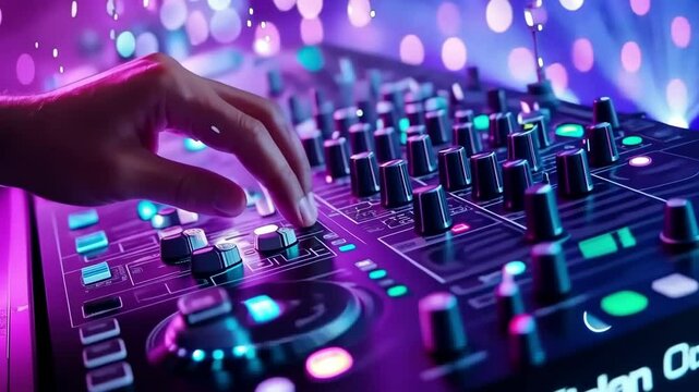 Colorful dj setup with hand on sound mixer in vibrant lights