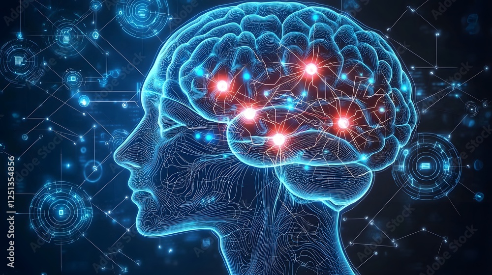 Poster futuristic brain network with glowing neural pathways transmitting digital information abstract conc