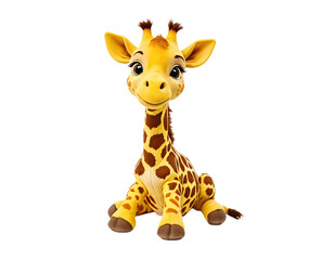 Obraz premium A toy giraffe plush toy with a yellow and brown spotted body, brown mane, and small horns sits upright on a white background, facing the camera with a gentle smile