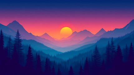 Obraz premium Majestic Sunset Over Silhouetted Mountains and Forest