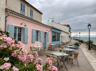 Cafe on the promenade in the old town. Summer cafe in a small town during the warm season. 