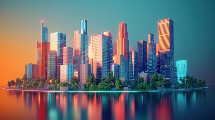 Net-zero strategy roadmap flat design front view future cities theme 3D render Complementary Color Scheme.