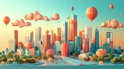 Net-zero strategy roadmap flat design front view future cities theme 3D render Complementary Color Scheme.