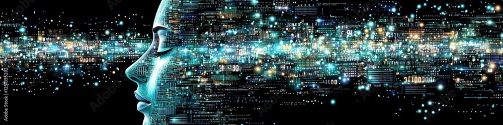 Aufkleber stylized face emerging from data stream, turquoise and cyan binary code, technology concept
