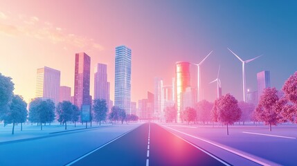 Net-zero strategy roadmap flat design front view future cities theme 3D render Complementary Color Scheme.