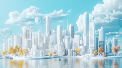 Net-zero strategy roadmap flat design front view future cities theme 3D render Complementary Color Scheme.