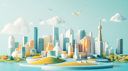 Net-zero strategy roadmap flat design front view future cities theme 3D render Complementary Color Scheme.