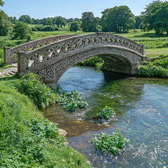 Fototapeta premium Ornate stone bridge over a tranquil river in a green park landscape, ideal for travel or tourism content