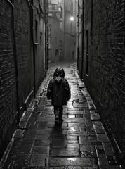Lonely Child Figure in Alley After Rain
