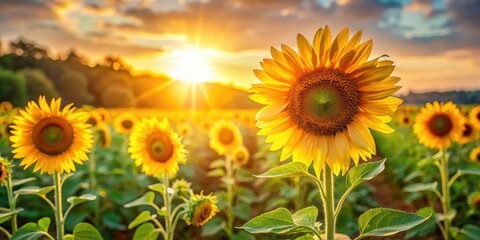 Fototapeta premium Vibrant sunflowers standing tall in a lush green meadow with warm sunlight filtering through the petals creating a beautiful golden glow, sunshine, rays
