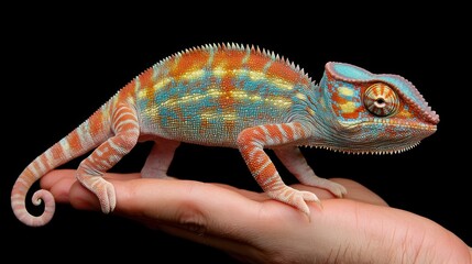 Obraz premium Vibrant Chameleon Resting On A Human Hand