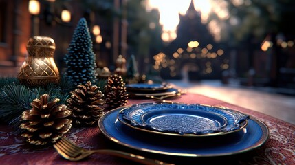 Festive outdoor Christmas dinner setting, romantic ambiance, village background, holiday celebration