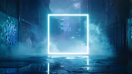 Neon Frame with Rectangular White and Blue Lights, Underground Tunnel, and Foggy Urban Street. Copy space. Generative AI