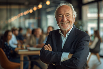 Fototapeta premium A smiling senior man in a business suit standing with arms crossed in an office meeting room, with a group of colleagues sitting in the background.