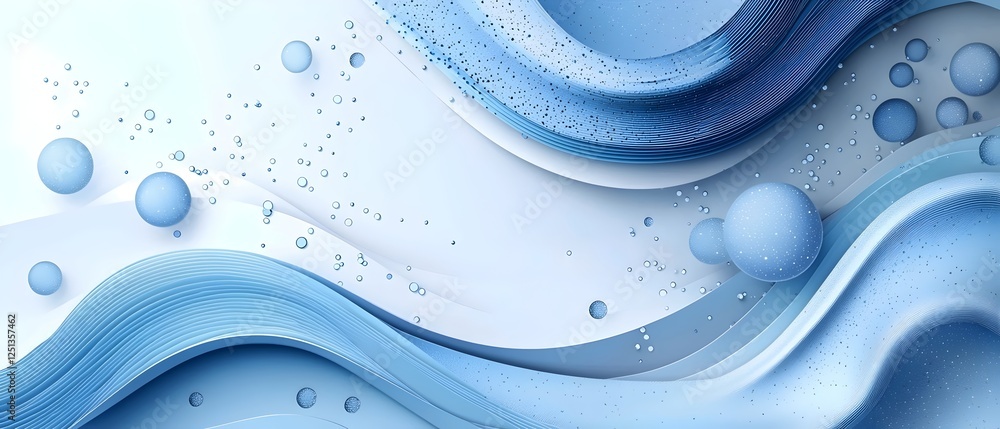 Poster an abstract composition featuring flowing blue waves and floating spheres, creating a tranquil and m