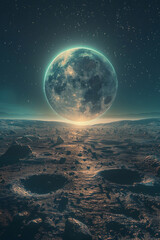 A view of the Earth from the moon surface, showing the blue planet in space with the horizon revealing an endless landscape and rocky terrain.