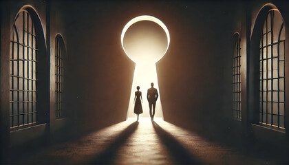 Obraz premium A thought-provoking image of a couple walking towards a glowing keyhole, symbolizing hope, opportunity, and the journey towards enlightenment