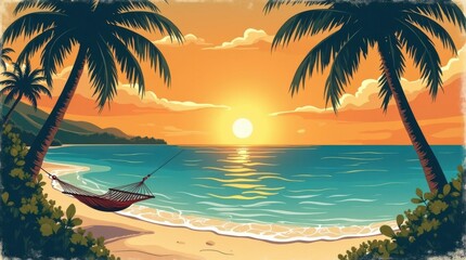 Obraz premium Vintage Tropical Island Travel Poster with Palm Trees and Hammock