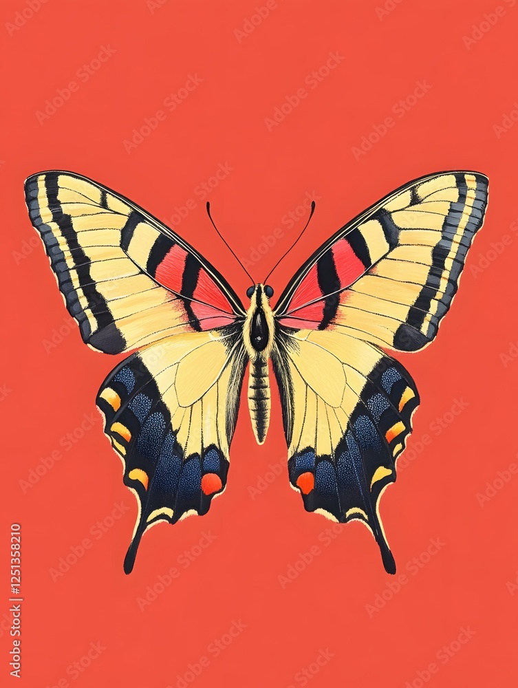 Poster vivid eastern tiger swallowtail butterfly displaying intricate wing patterns on red background