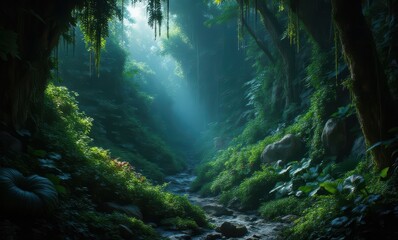 Serene rainforest stream with lush greenery