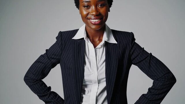  A young African american woman in a pinstripe suit poses confidently against a neutral background. She smiles brightly, holding one finger up as if making a point