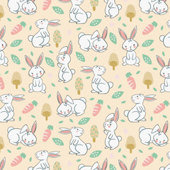 Floral wallpaper with hares. Animal concept. Trendy pattern. Can be used as wallpapers, wrapping paper, cards, etc. Hygge style.