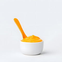 Baby food puree in white bowl with spoon, mockup, on a white background